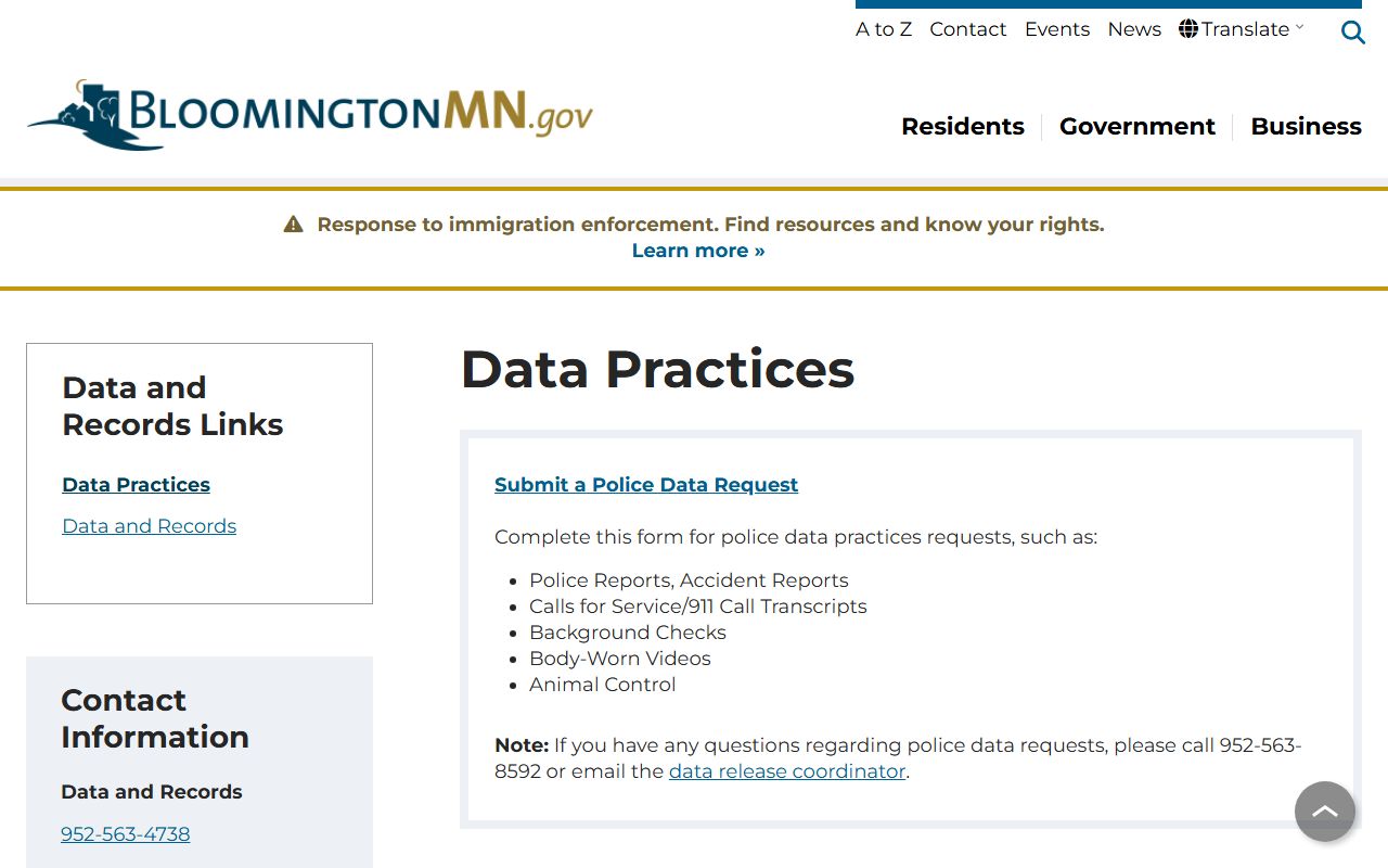 Bloomington warrant records data practices portal