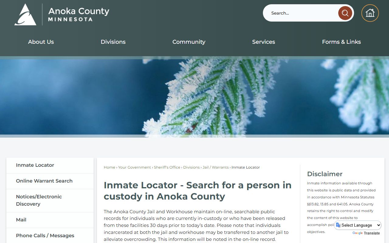 Anoka County inmate locator warrant records search