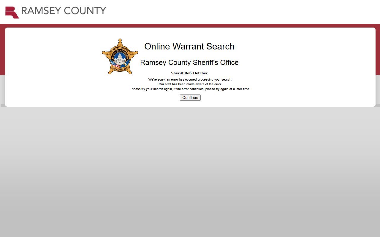 Ramsey County Online Warrant Search system for warrant records