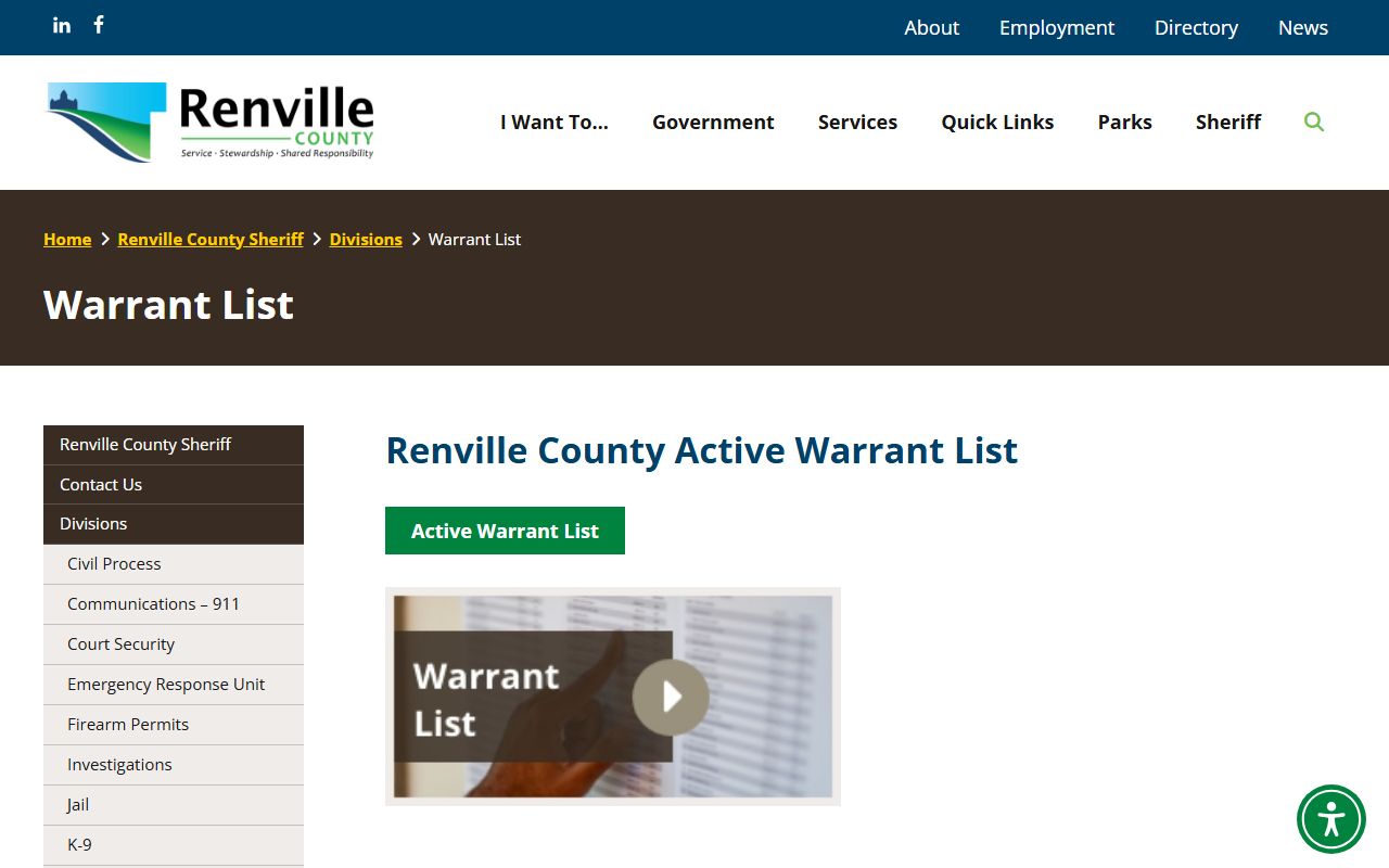 Renville County Sheriff warrant list page