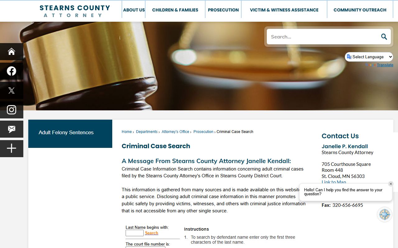 Stearns County criminal case search system for warrant records