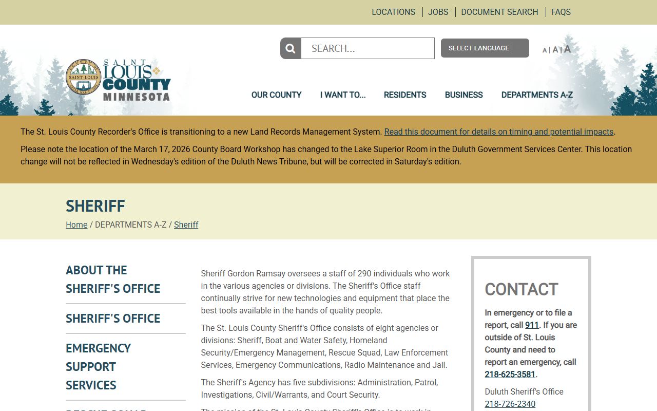St. Louis County Sheriff Department page for warrant records