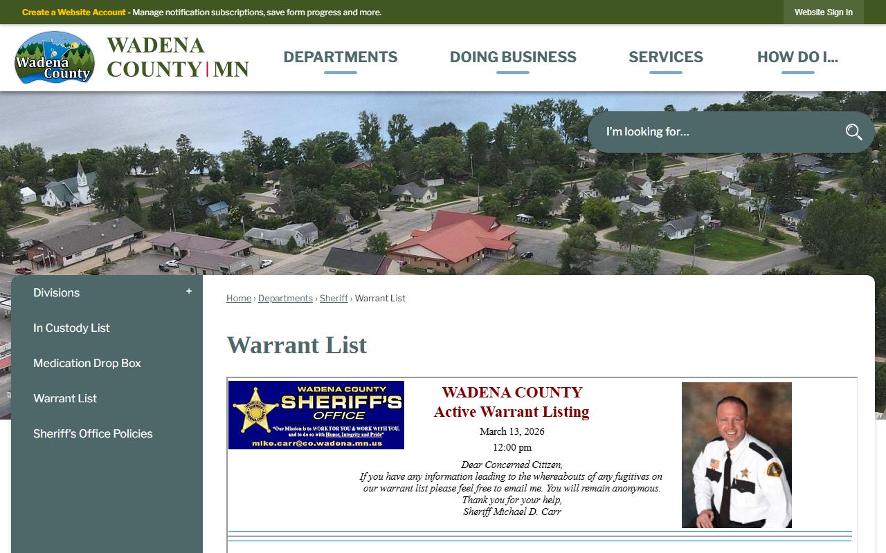 Wadena County warrant list showing active warrants
