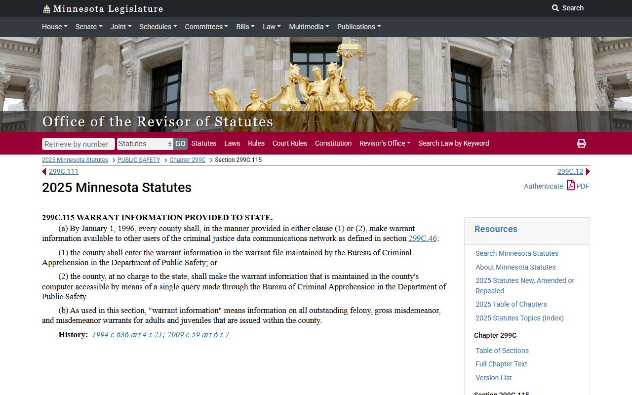 Minnesota warrant records statewide database statute