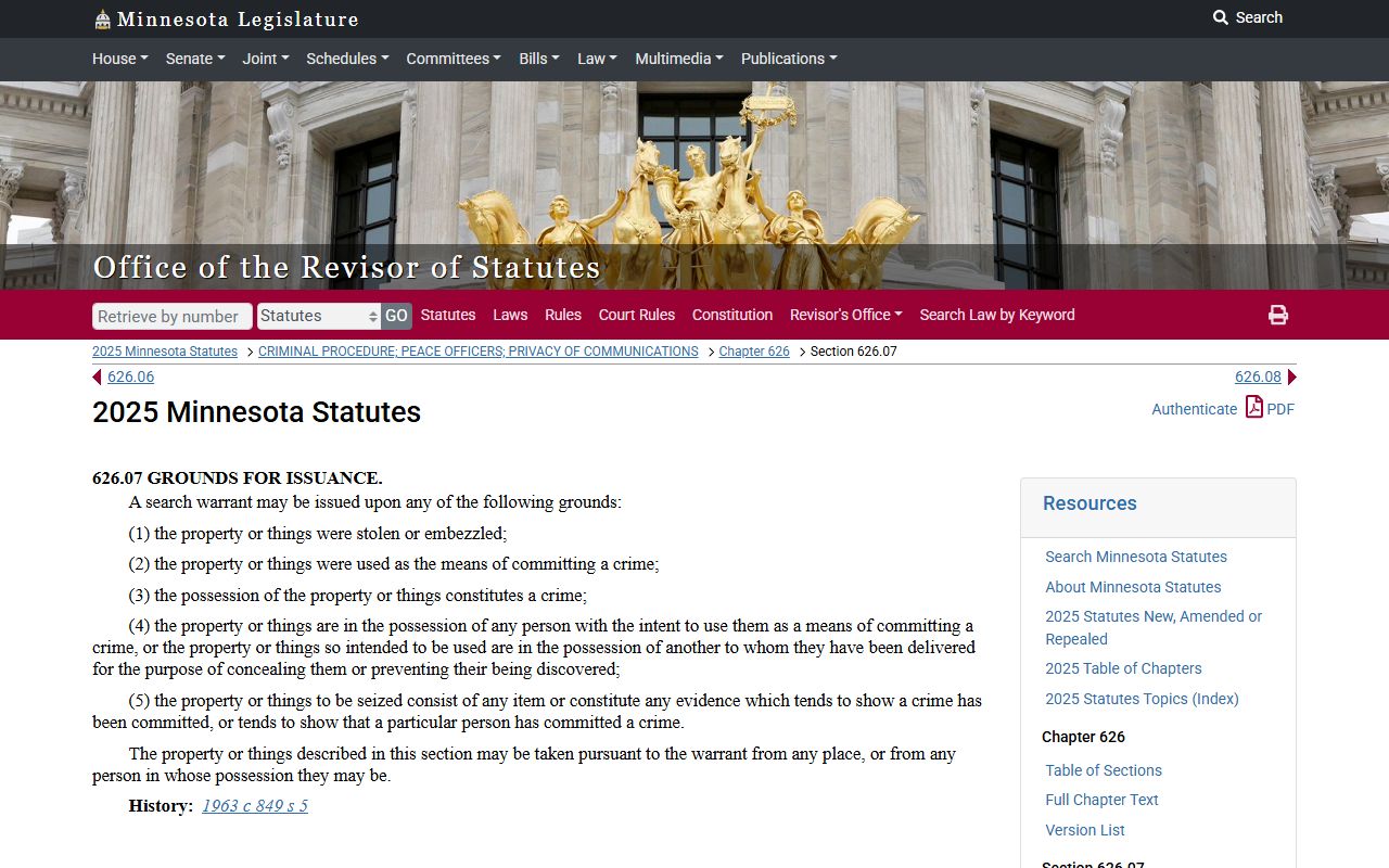 Minnesota warrant records grounds for issuance statute